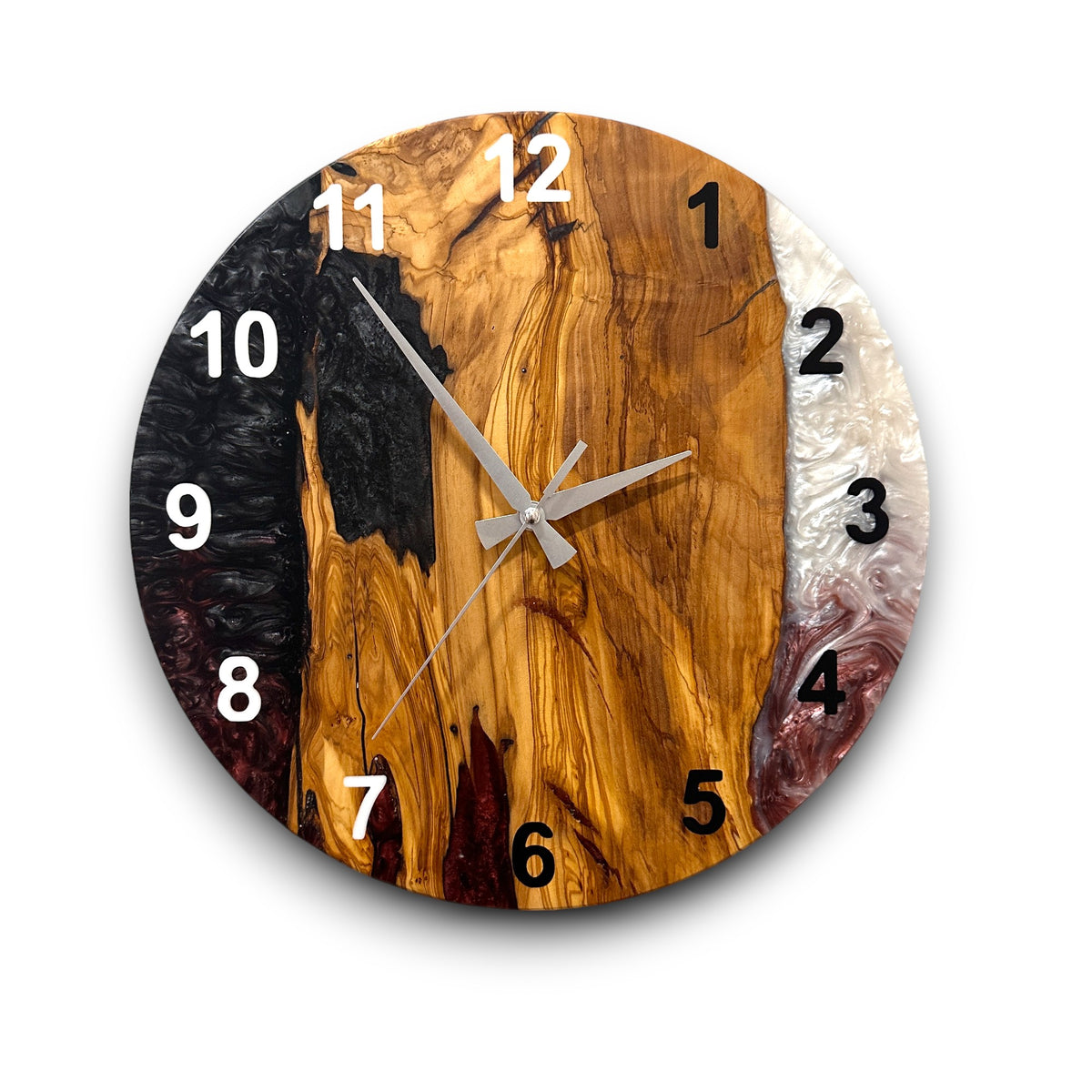 Burgundy, Black & White Olive Wood Resin Wall Clock — full front view on white