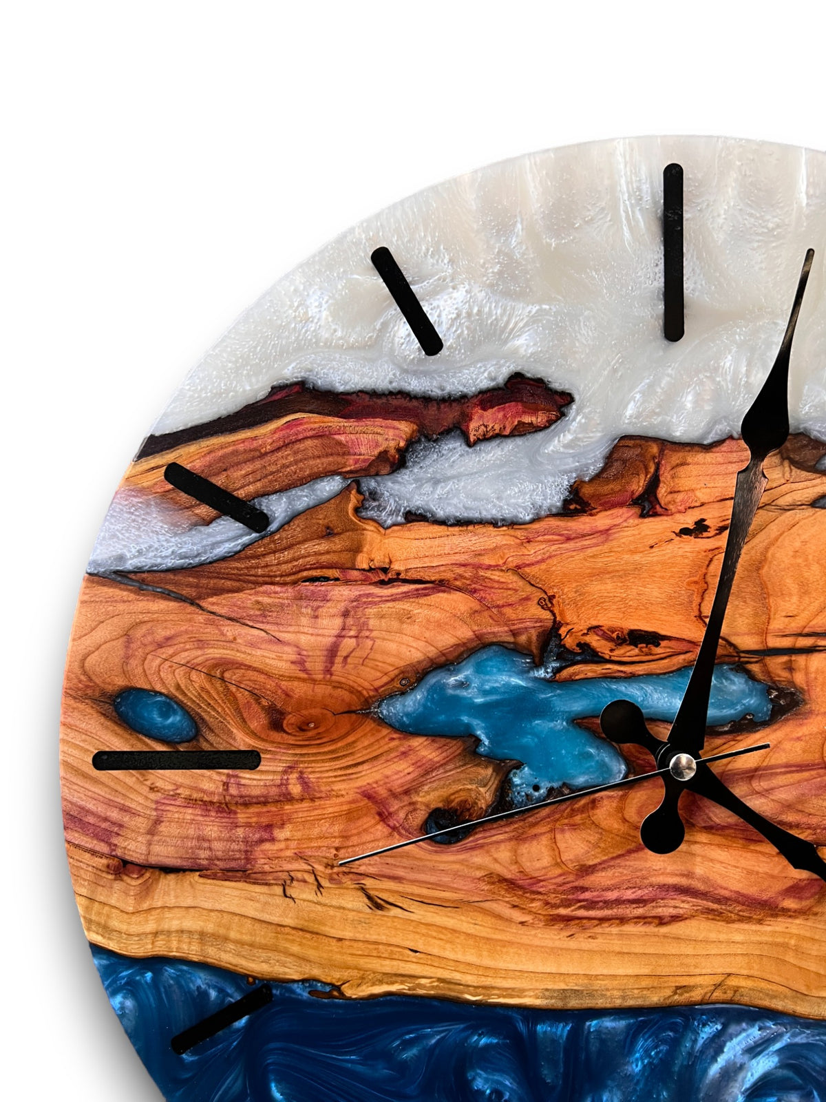 Blue & White Olive Wood Resin Wall Clock - Branch Grain Design - view 2