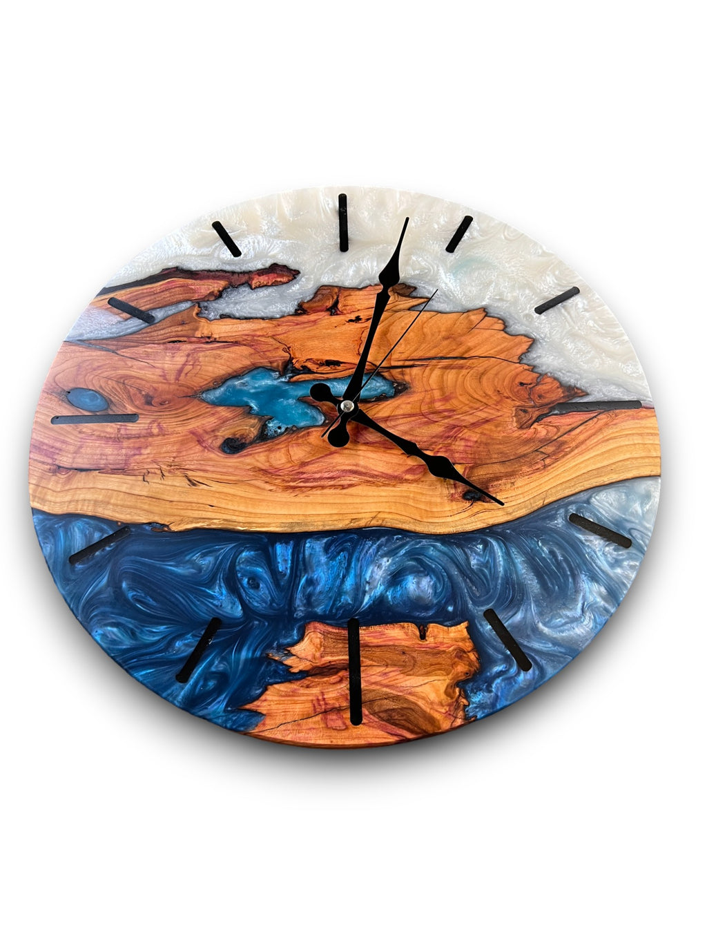 Blue & White Olive Wood Resin Wall Clock - Branch Grain Design - view 9