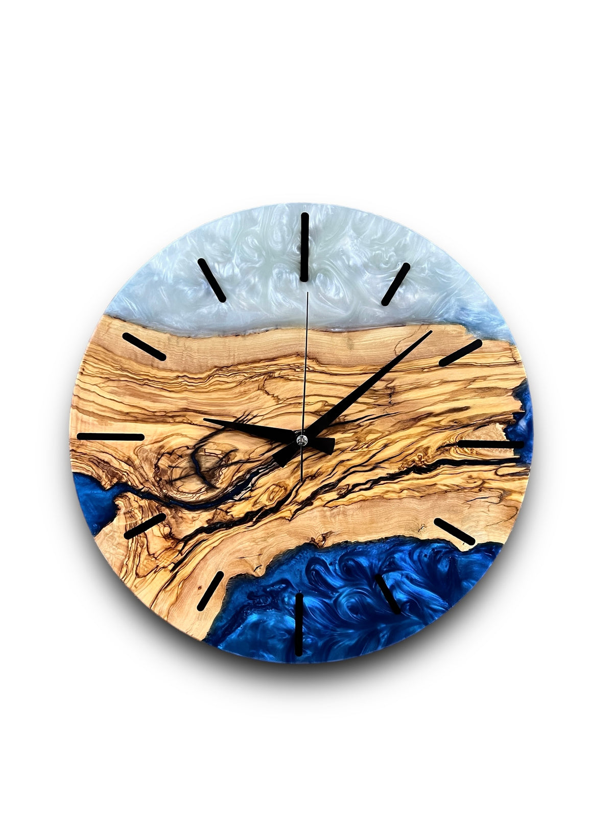 Blue & White Olive Wood Resin Wall Clock - Swirl Design - main view