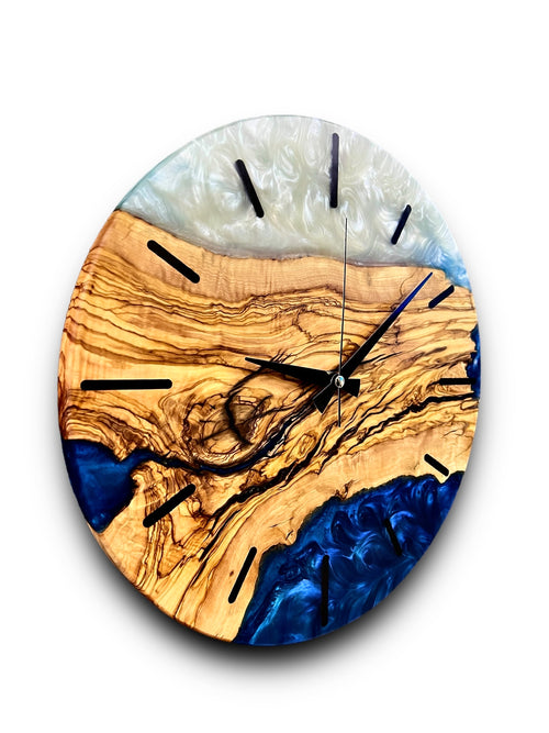 Blue & White Olive Wood Resin Wall Clock - Swirl Design - view 2