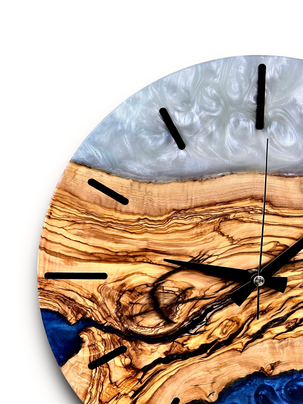 Blue & White Olive Wood Resin Wall Clock - Swirl Design - view 3