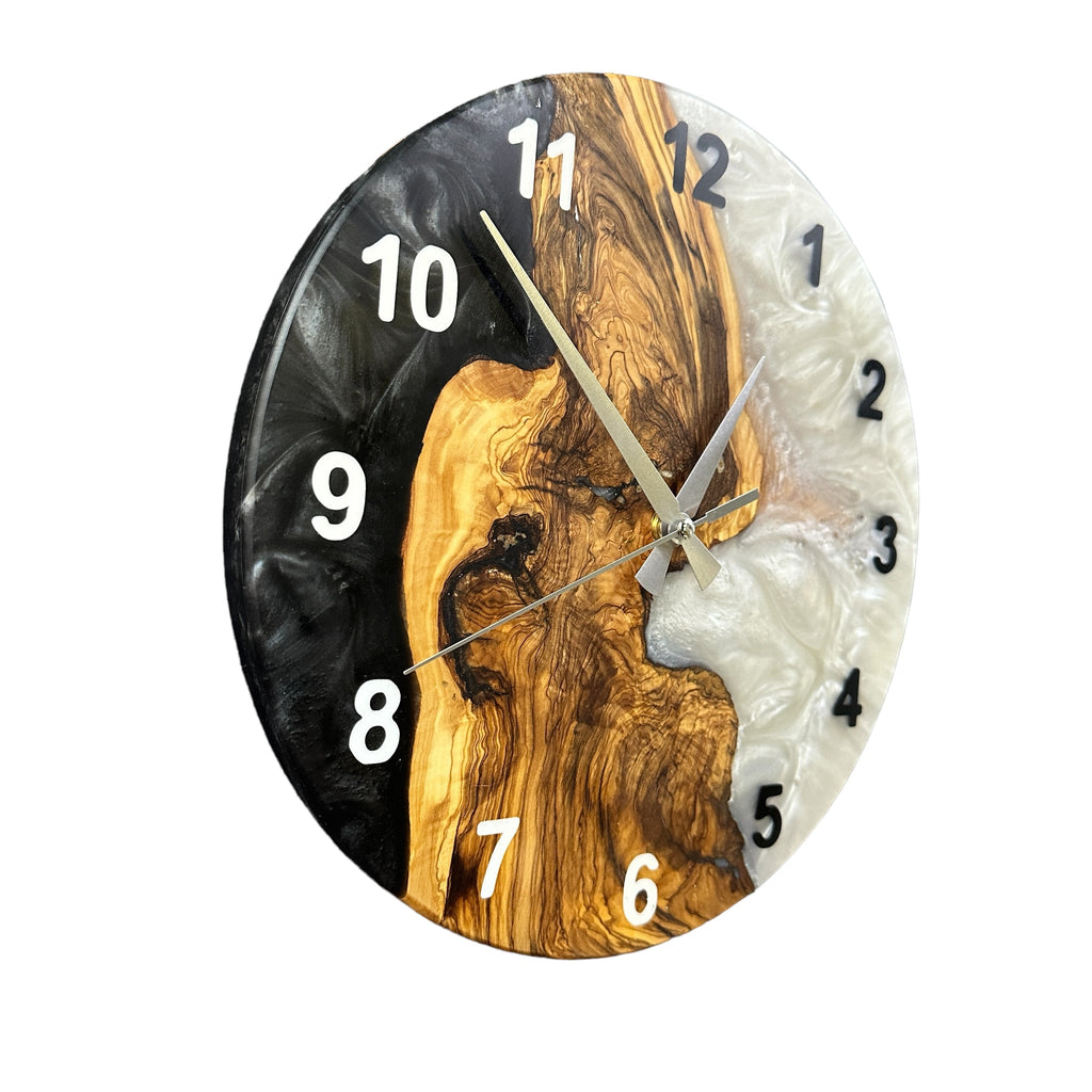 Black & White Olive Wood Resin Wall Clock - Natural Edge Design - main view