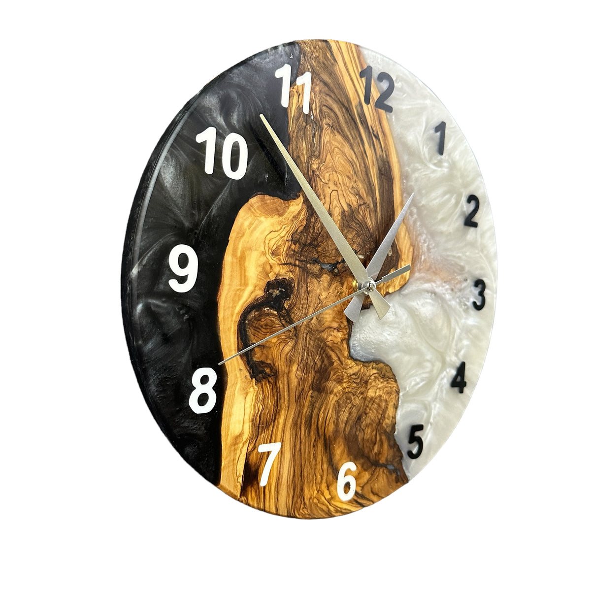Black & White Olive Wood Resin Wall Clock - Natural Edge Design - main view