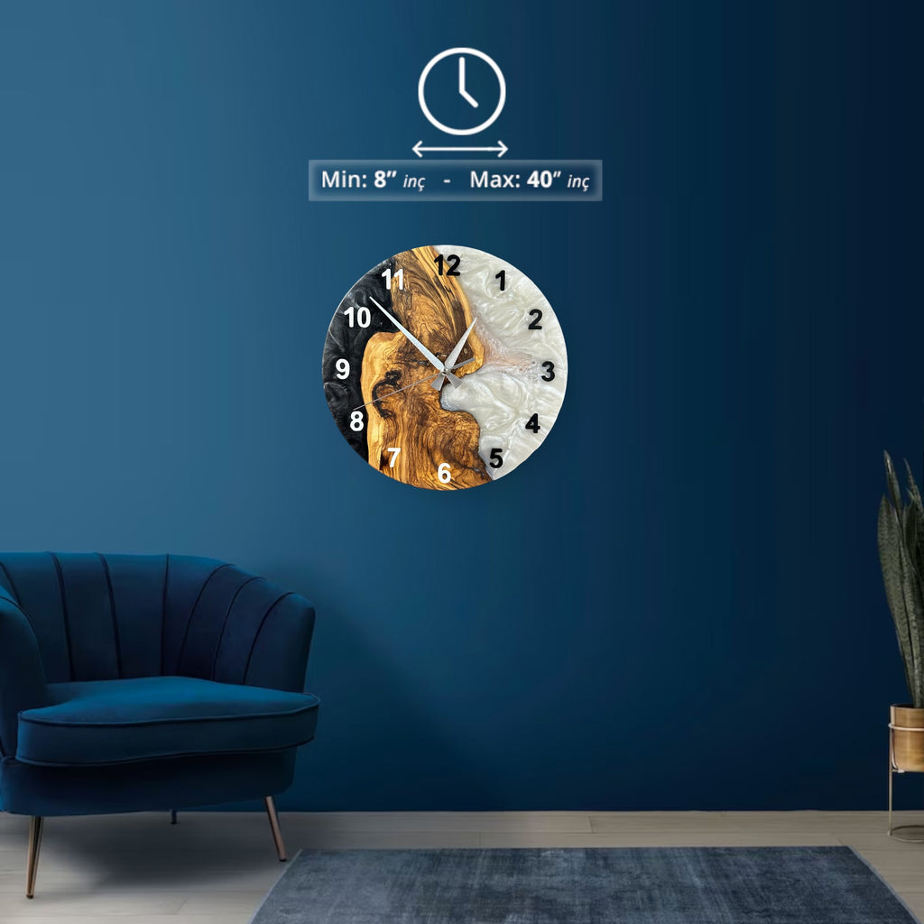 Black & White Olive Wood Resin Wall Clock - Natural Edge Design - view 2