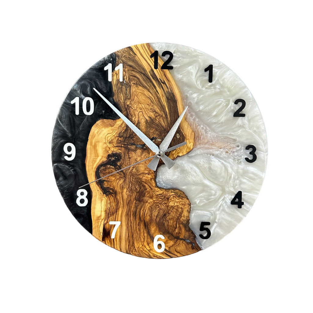 Black & White Olive Wood Resin Wall Clock - Natural Edge Design - view 3