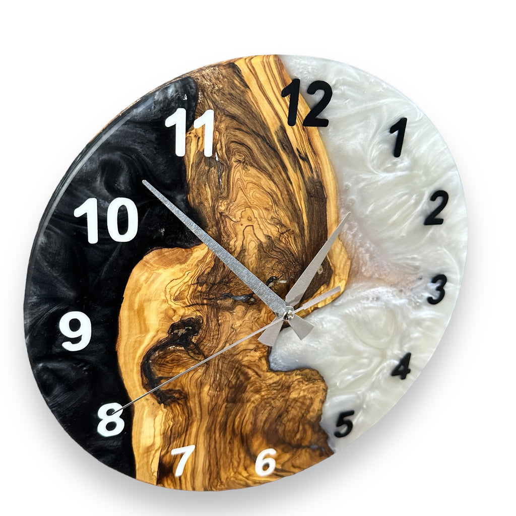 Black & White Olive Wood Resin Wall Clock - Natural Edge Design - view 6