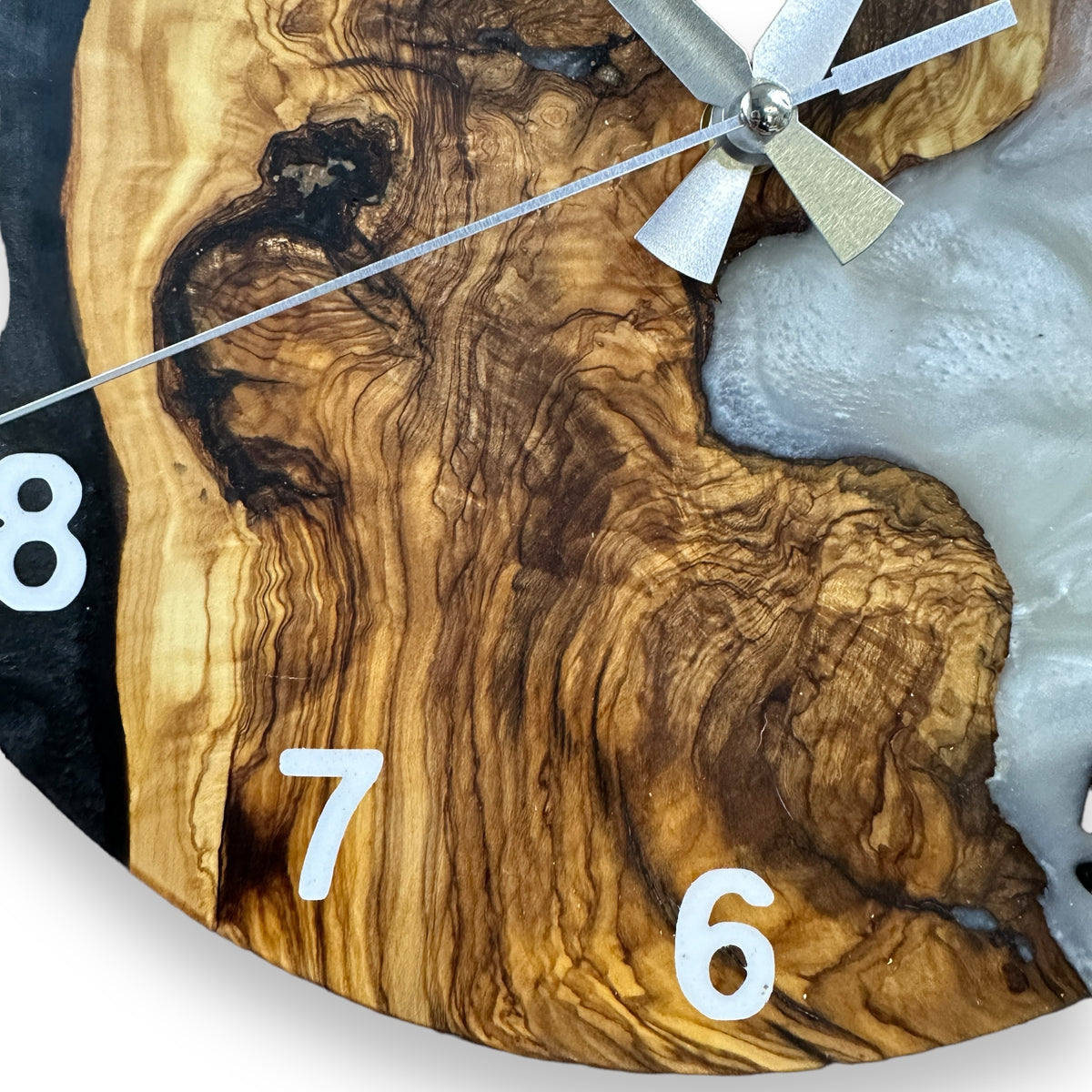 Black & White Olive Wood Resin Wall Clock - Natural Edge Design - view 7
