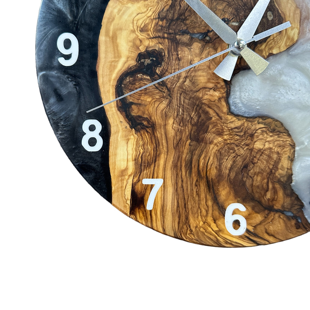 Black & White Olive Wood Resin Wall Clock - Natural Edge Design - view 8