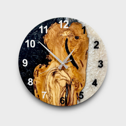 Black & White Olive Wood Resin Wall Clock - Figured Grain Design - main view