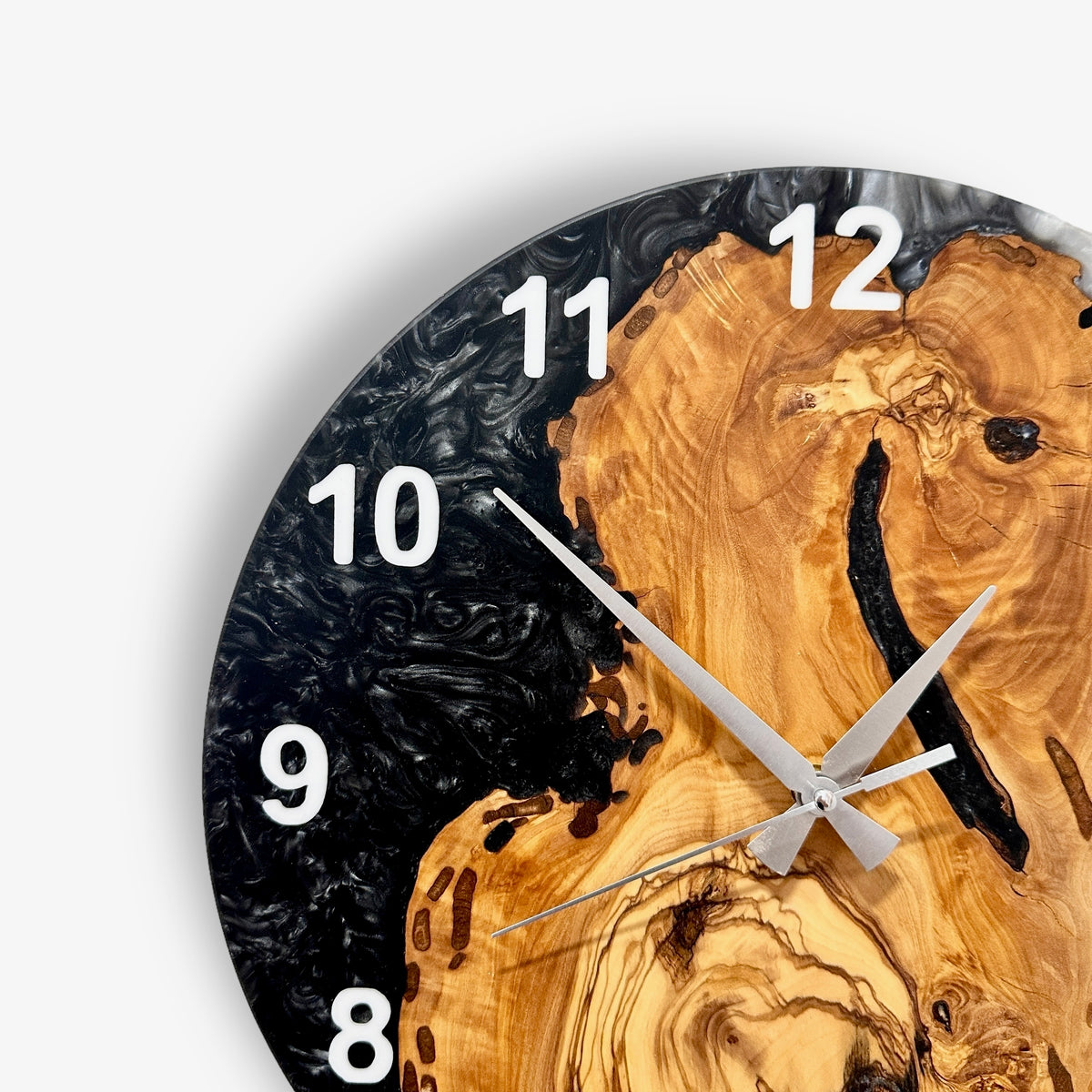 Black & White Olive Wood Resin Wall Clock - Figured Grain Design - view 2