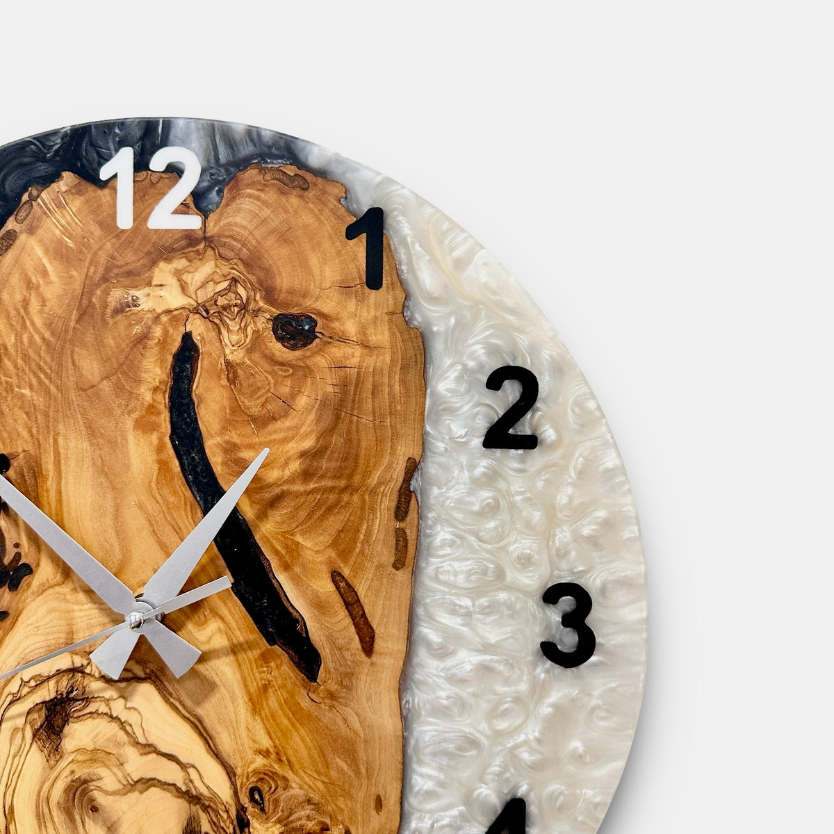 Black & White Olive Wood Resin Wall Clock - Figured Grain Design - view 3