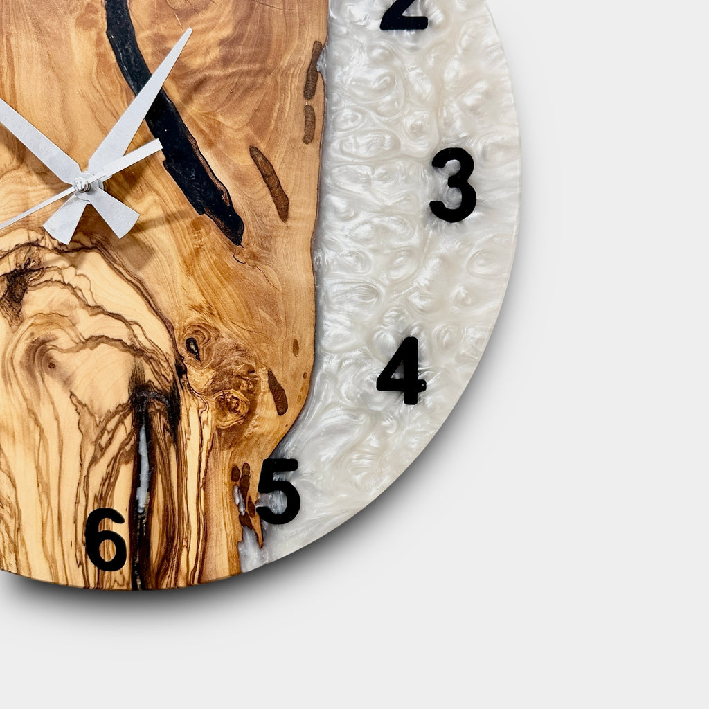 Black & White Olive Wood Resin Wall Clock - Figured Grain Design - view 4