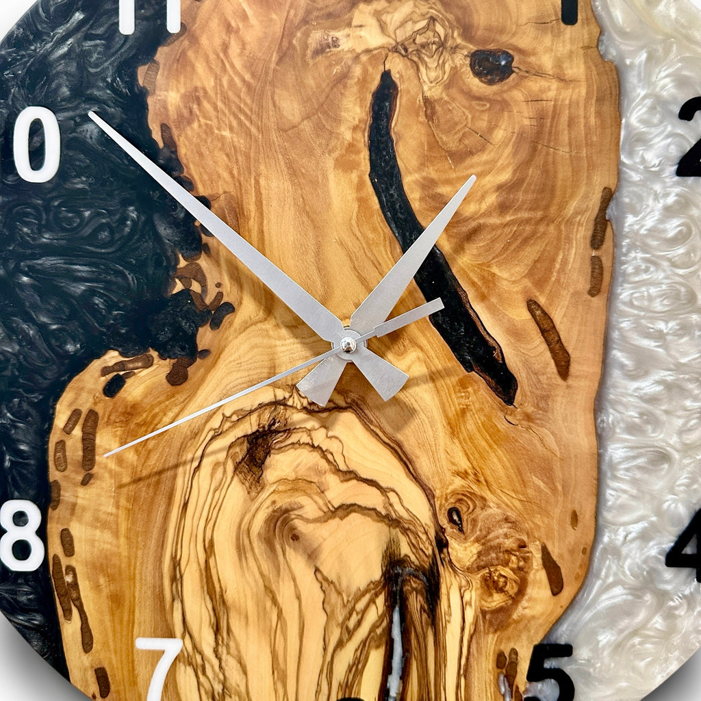 Black & White Olive Wood Resin Wall Clock - Figured Grain Design - view 5