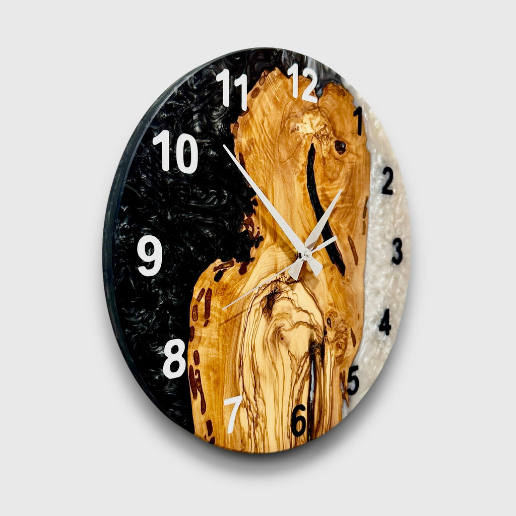 Black & White Olive Wood Resin Wall Clock - Figured Grain Design - view 6