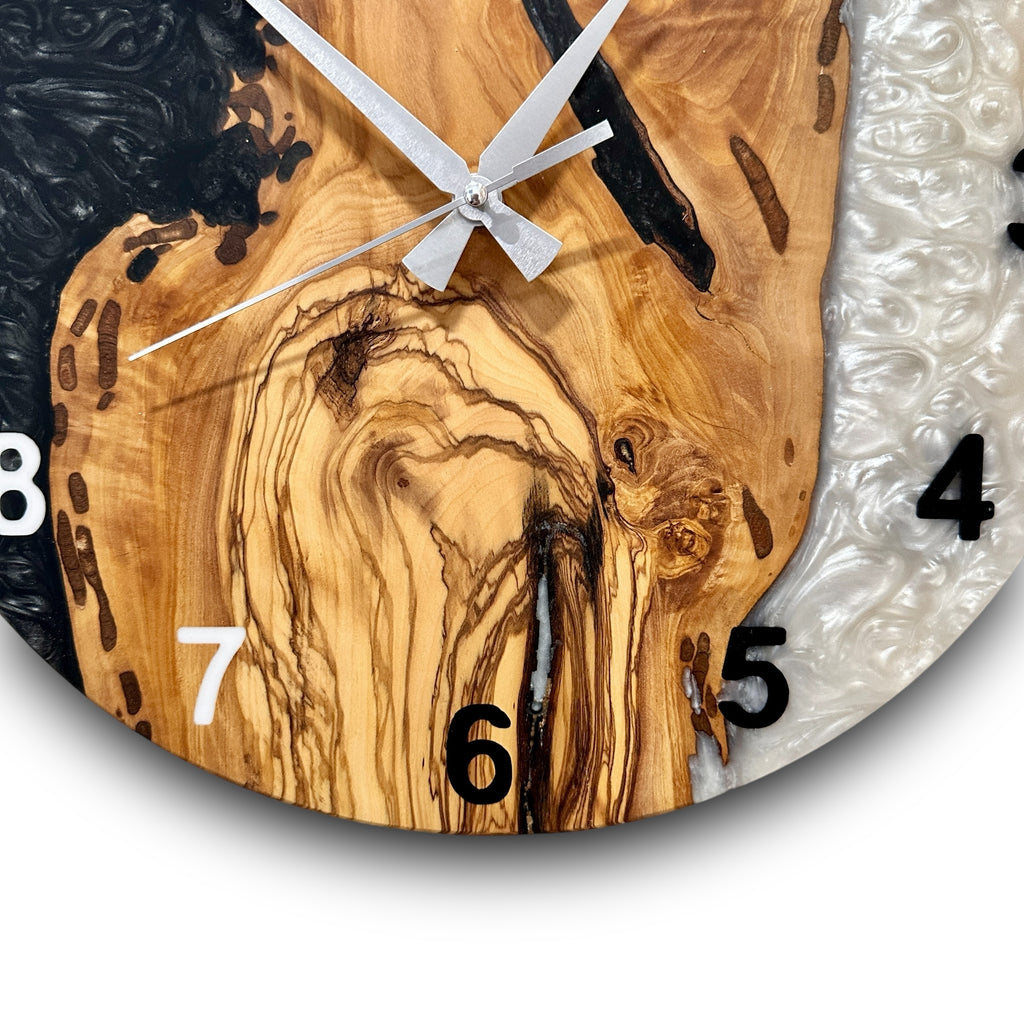 Black & White Olive Wood Resin Wall Clock - Figured Grain Design - view 8
