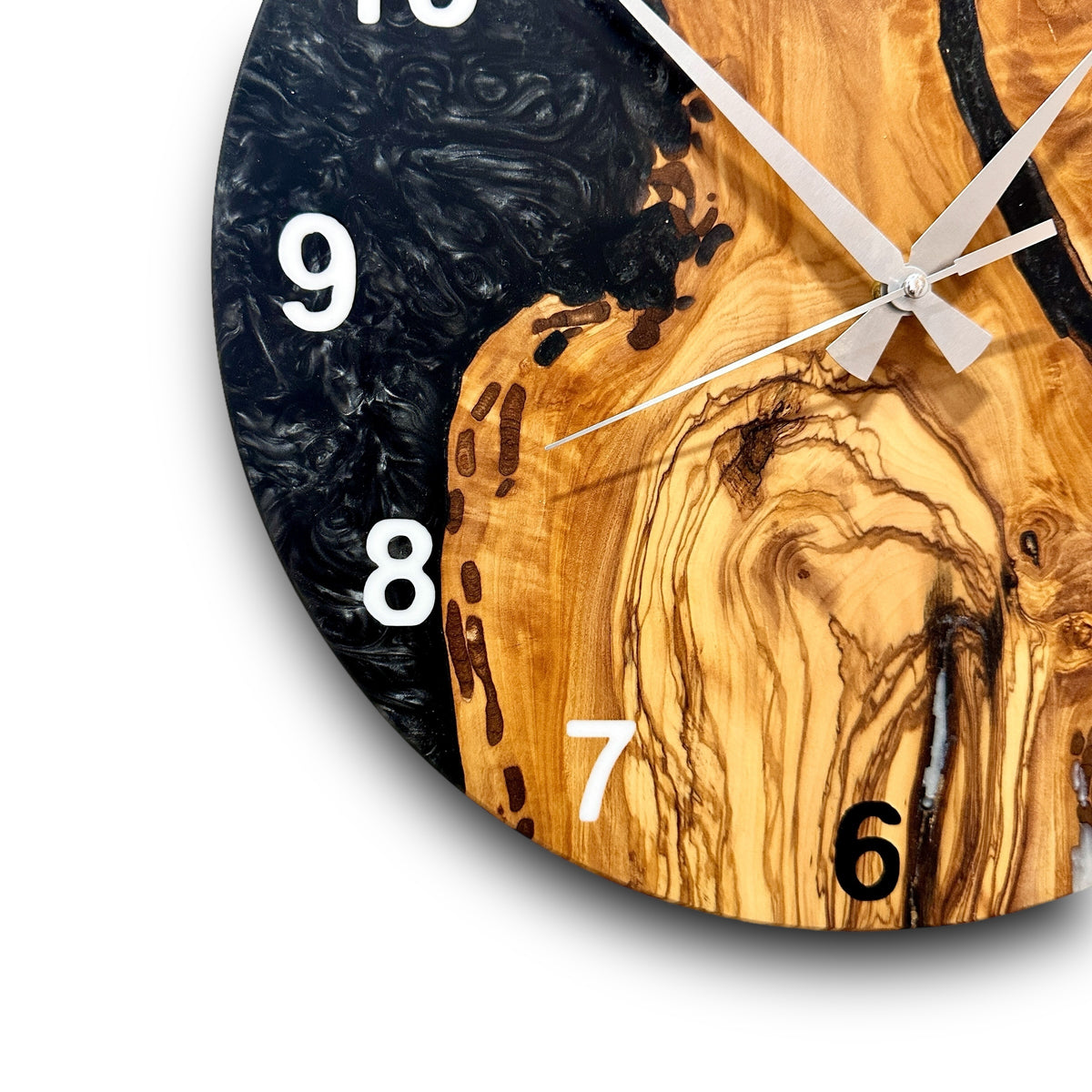 Black & White Olive Wood Resin Wall Clock - Figured Grain Design - view 10
