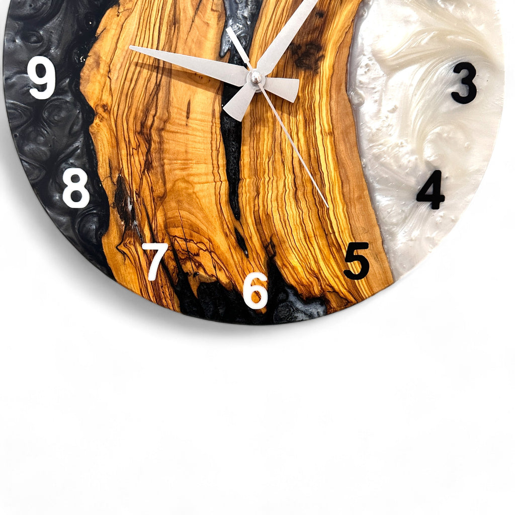 Black & White Olive Wood Resin Wall Clock - Bold Grain Design - main view