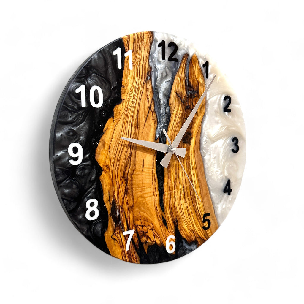 Black & White Olive Wood Resin Wall Clock - Bold Grain Design - view 3