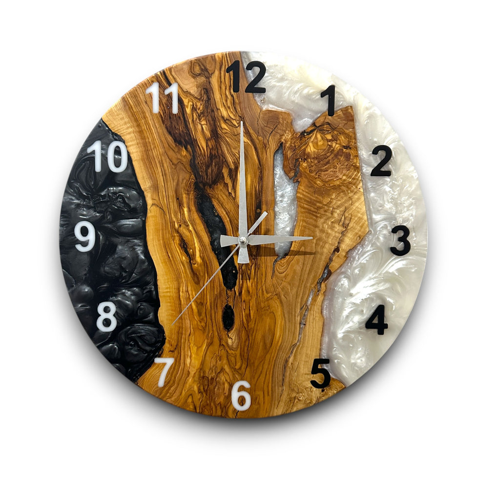 Black & White Olive Wood Resin Wall Clock - Statement Design - main view