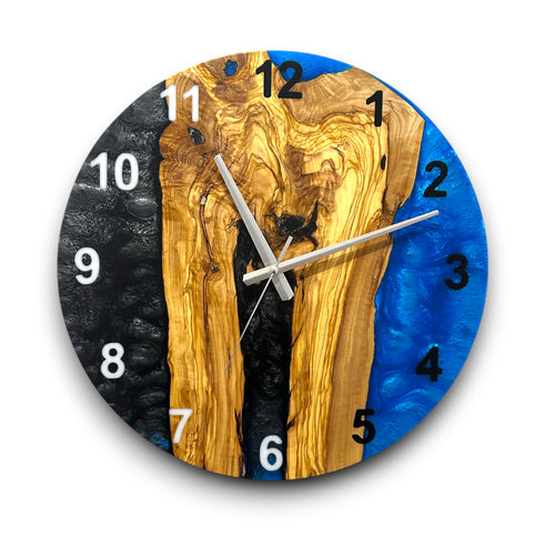 Black & Blue Olive Wood Resin Wall Clock - River Grain Design - main view