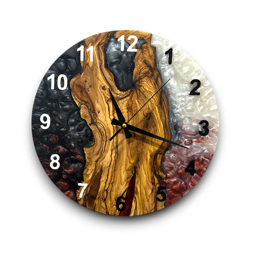 Black, Red & White Olive Wood Resin Wall Clock - main view