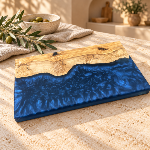 Midnight Coast Olive Wood & Navy Resin Serving Board - styled main view