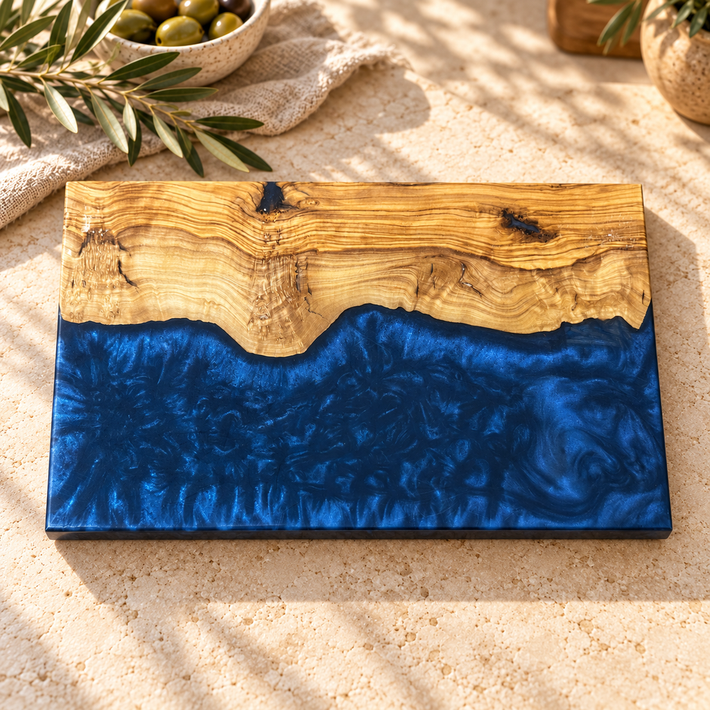 Midnight Coast Olive Wood & Navy Resin Serving Board - styled detail view 9154