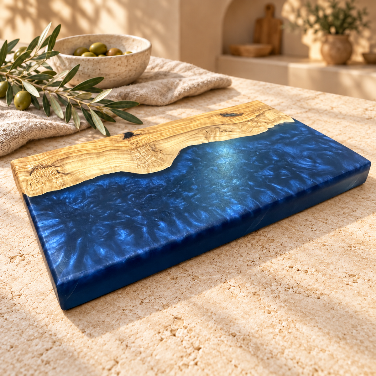 Midnight Coast Olive Wood & Navy Resin Serving Board - styled detail view 9155