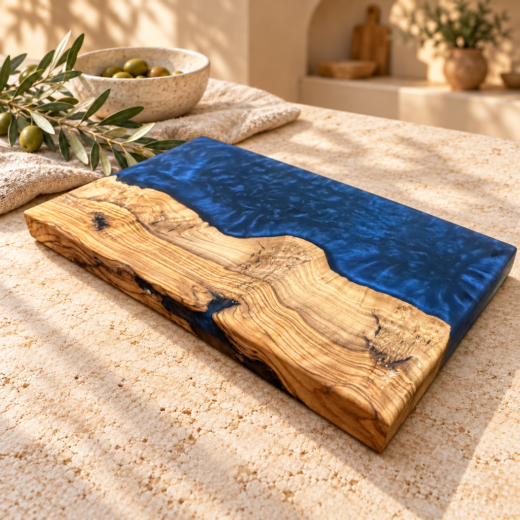 Midnight Coast Olive Wood & Navy Resin Serving Board - styled detail view 9156