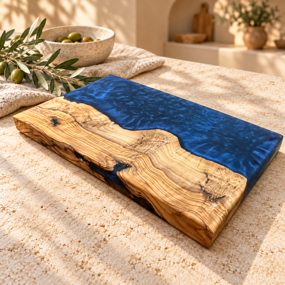 Midnight Coast Olive Wood & Navy Resin Serving Board - styled detail view 9156