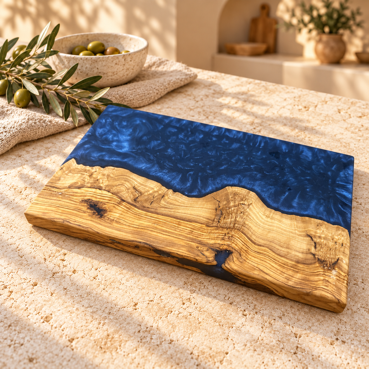 Midnight Coast Olive Wood & Navy Resin Serving Board - styled detail view 9158
