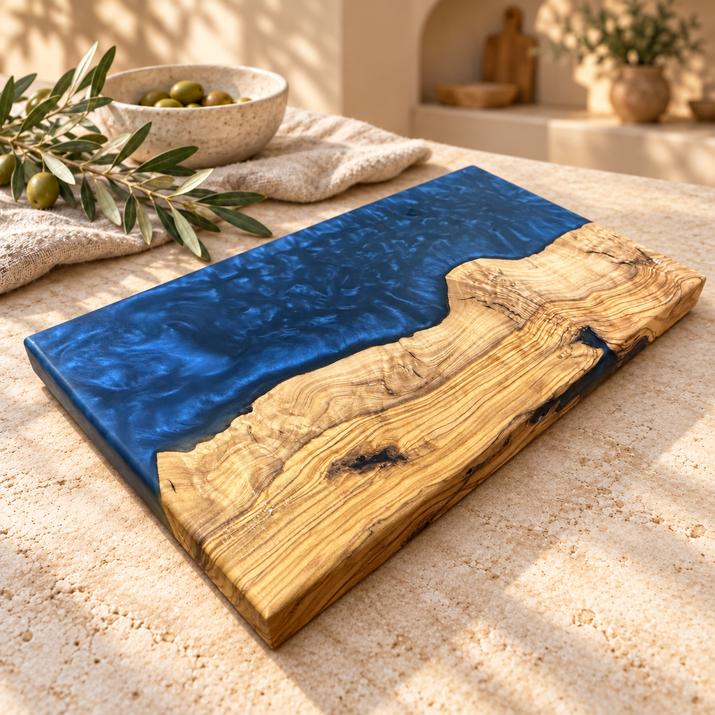 Midnight Coast Olive Wood & Navy Resin Serving Board - styled detail view 9159