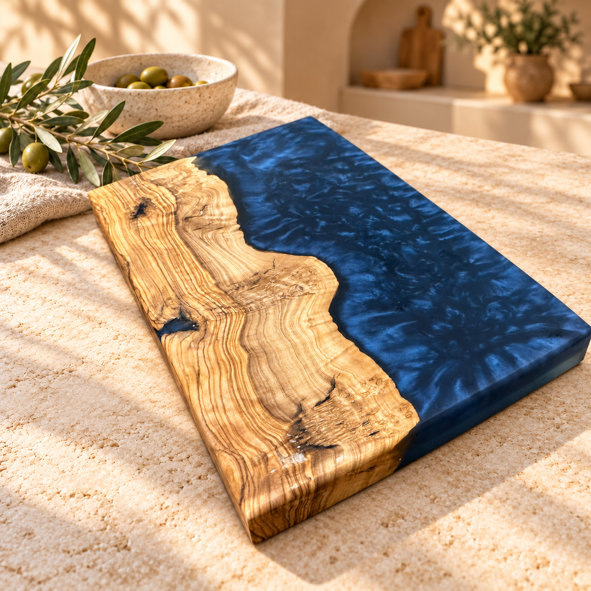 Midnight Coast Olive Wood & Navy Resin Serving Board - styled detail view 9160