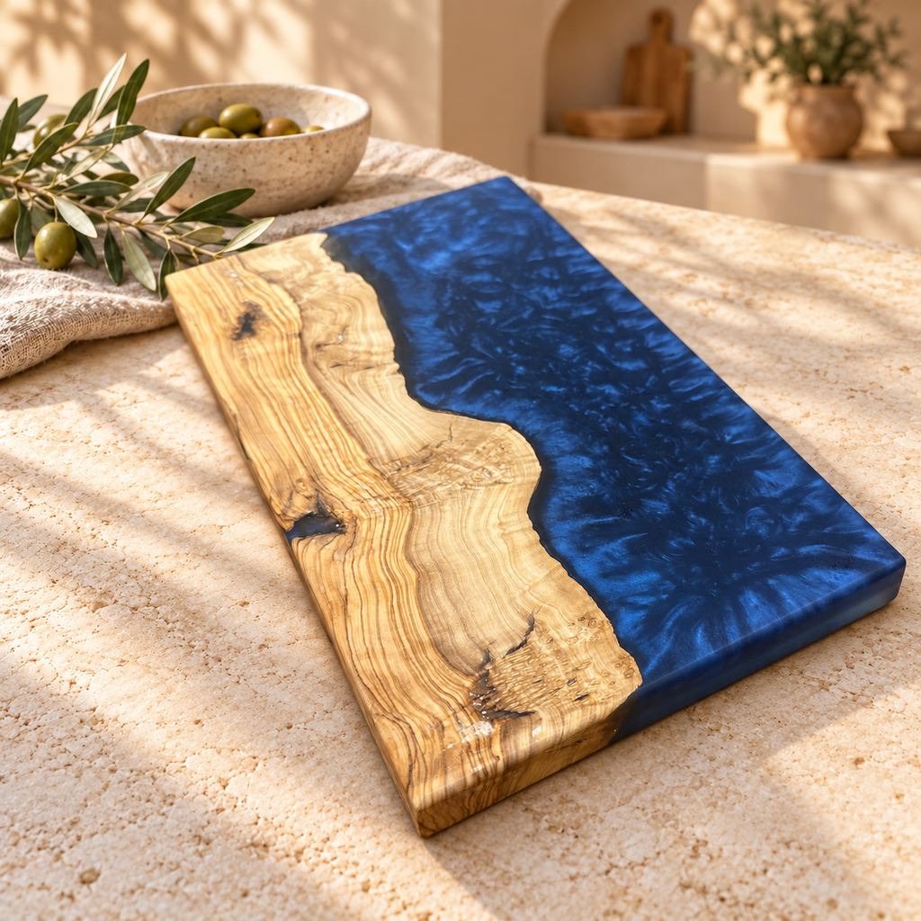 Midnight Coast Olive Wood & Navy Resin Serving Board - styled detail view 9161