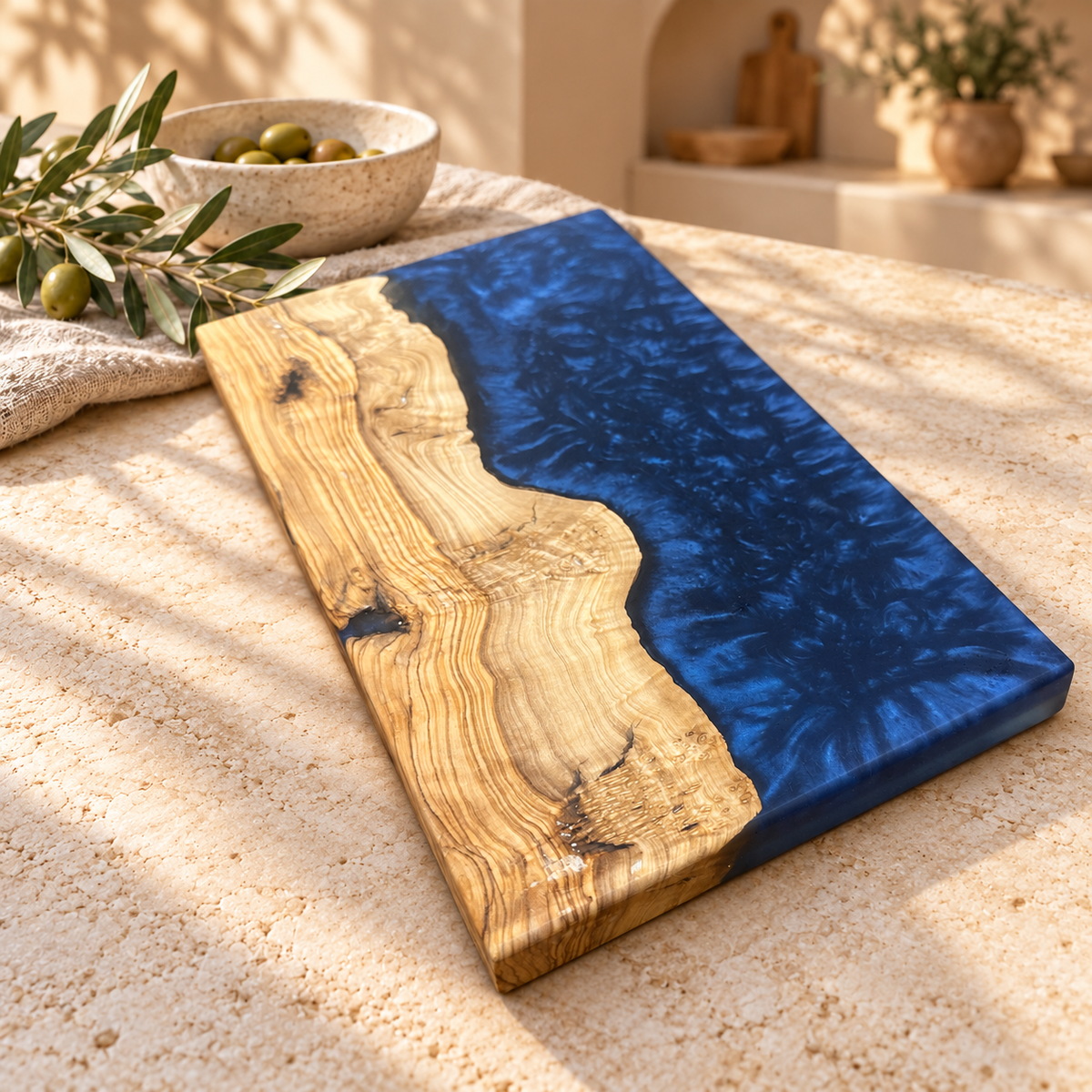 Midnight Coast Olive Wood & Navy Resin Serving Board - styled detail view 9161