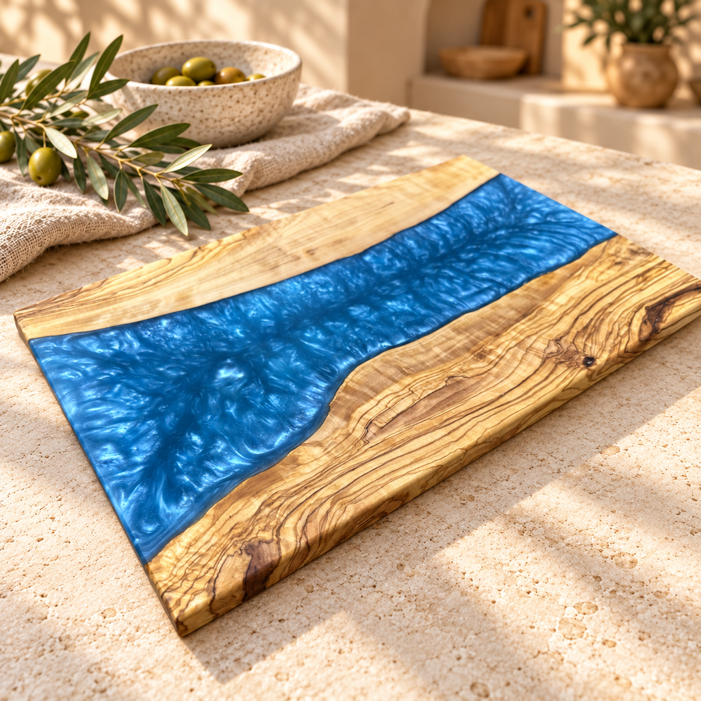 Ocean Blue Wide River Olive Wood Serving Board - styled detail view 9201