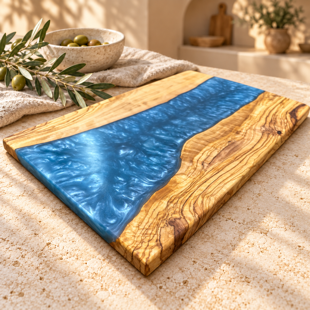 Ocean Blue Wide River Olive Wood Serving Board - styled detail view 9202