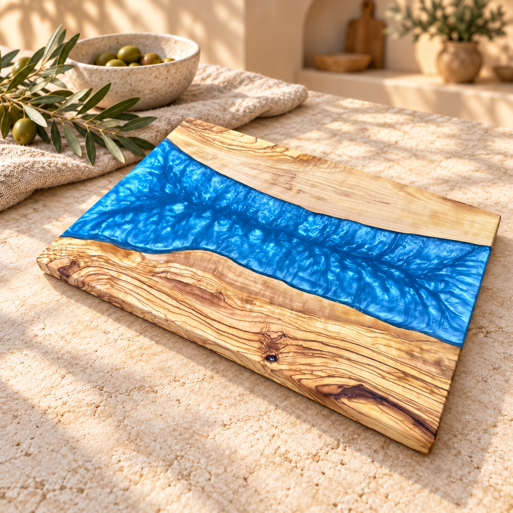 Ocean Blue Wide River Olive Wood Serving Board - styled detail view 9203
