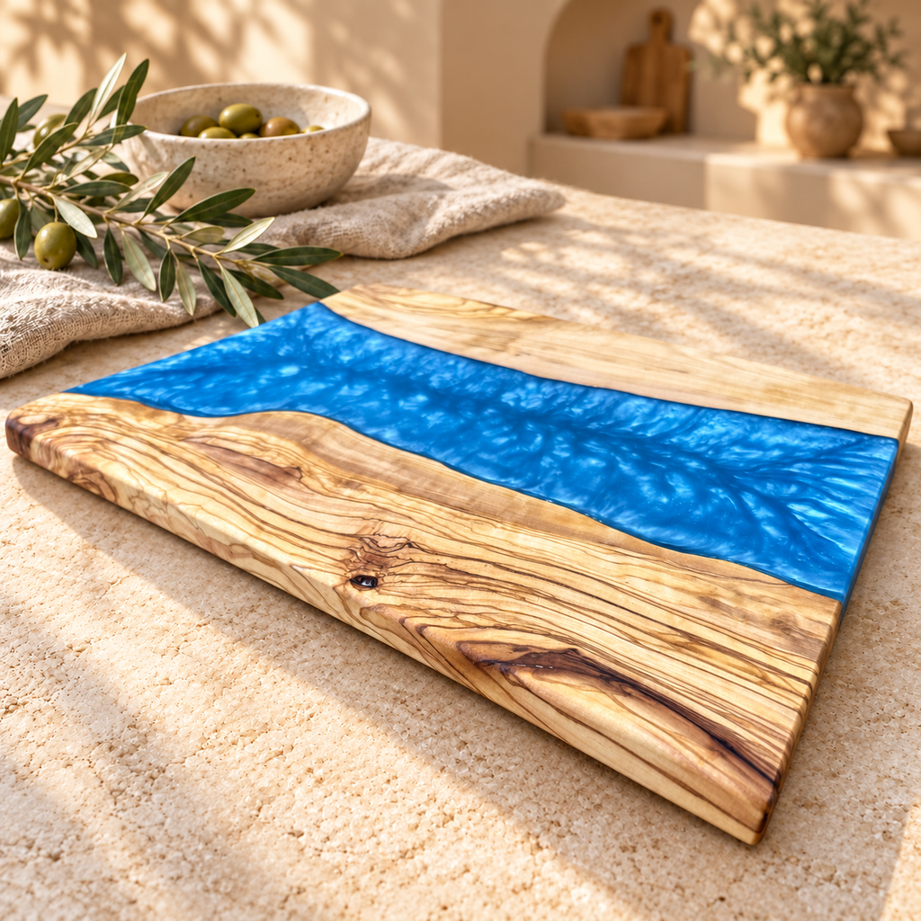 Ocean Blue Wide River Olive Wood Serving Board - styled detail view 9204