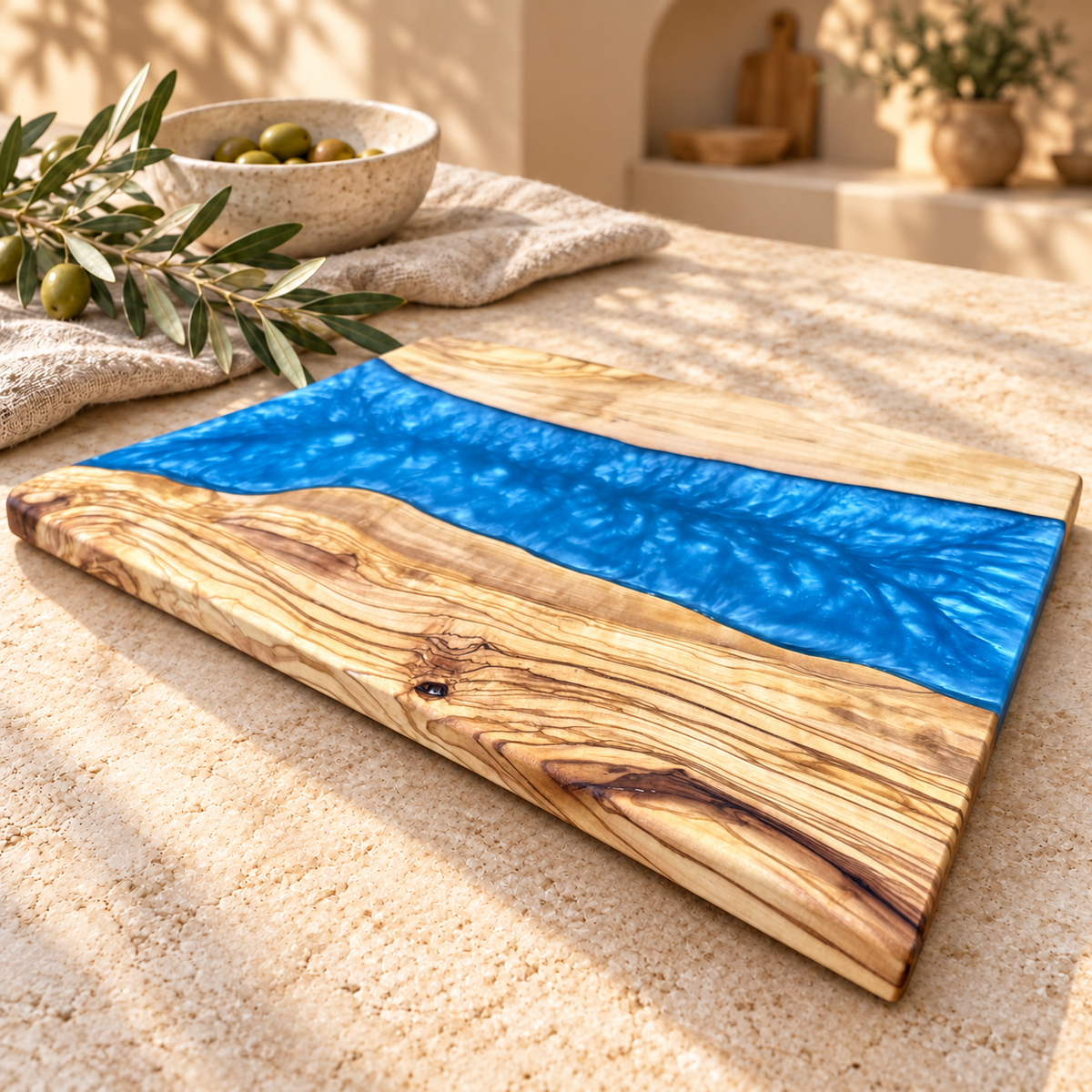 Ocean Blue Wide River Olive Wood Serving Board - styled detail view 9204
