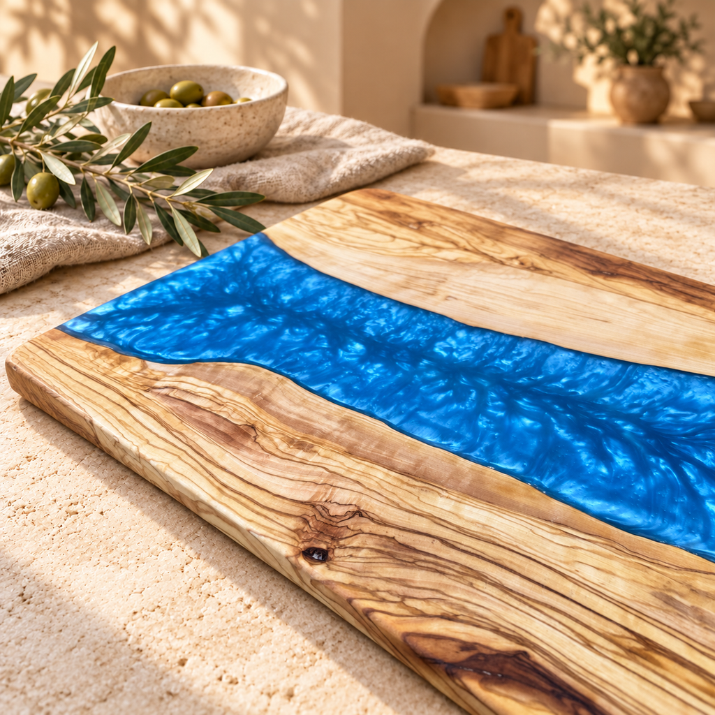 Ocean Blue Wide River Olive Wood Serving Board - styled detail view 9205