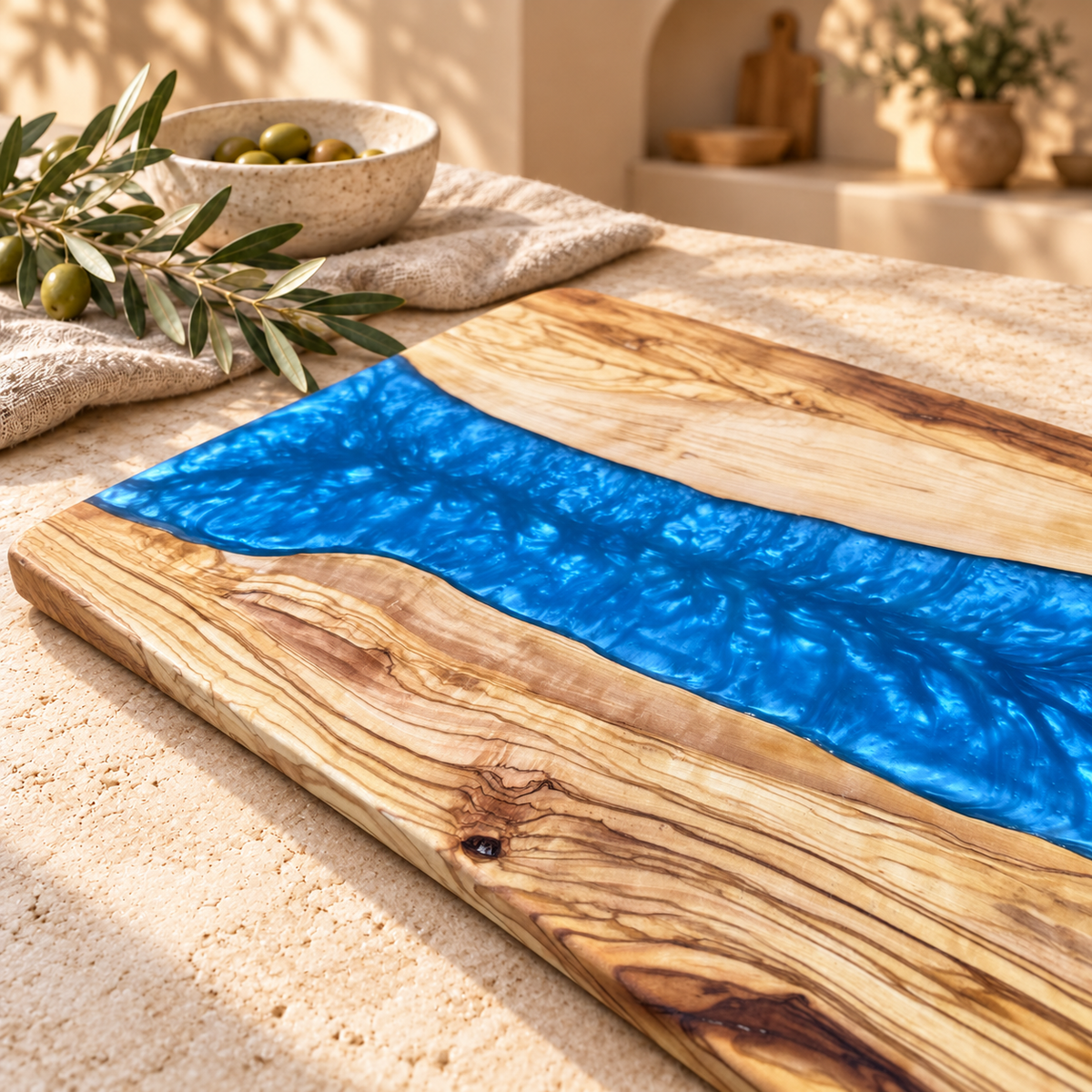 Ocean Blue Wide River Olive Wood Serving Board - styled detail view 9205