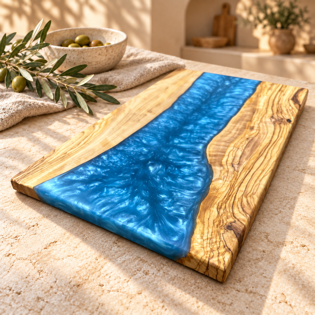 Ocean Blue Wide River Olive Wood Serving Board - styled detail view 9206
