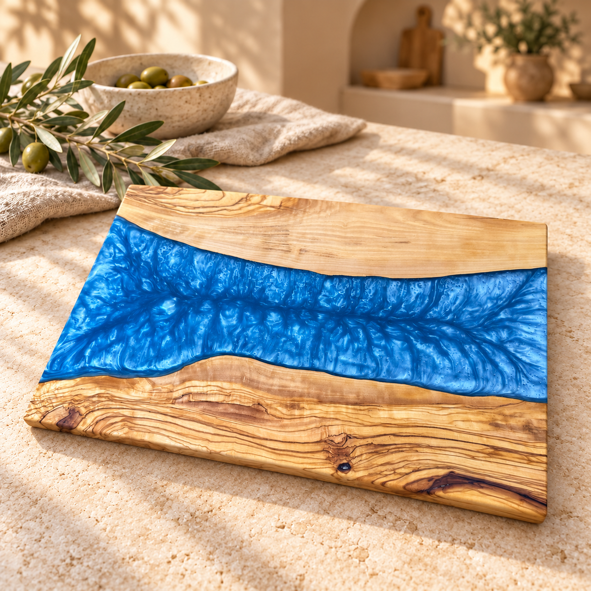 Ocean Blue Wide River Olive Wood Serving Board - styled detail view 9207