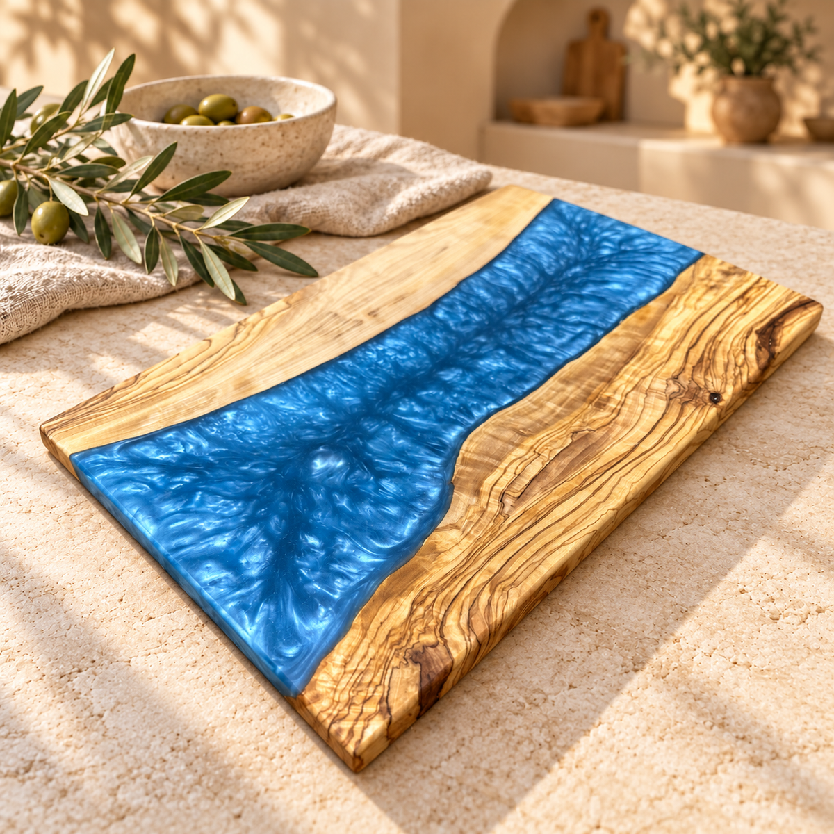 Ocean Blue Wide River Olive Wood Serving Board - styled detail view 9208