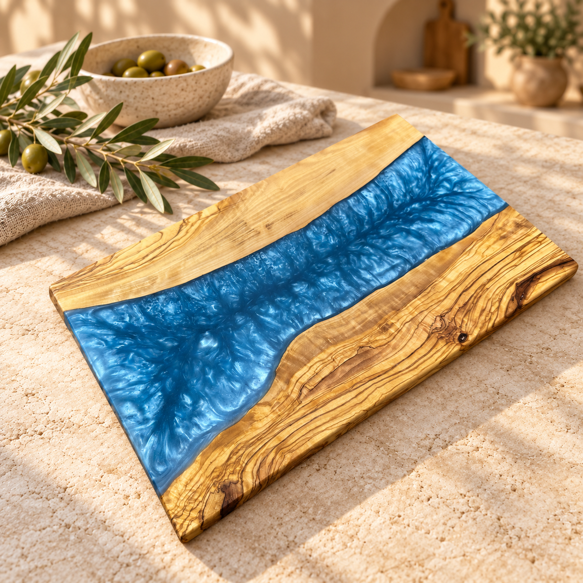Ocean Blue Wide River Olive Wood Serving Board - styled detail view 9210