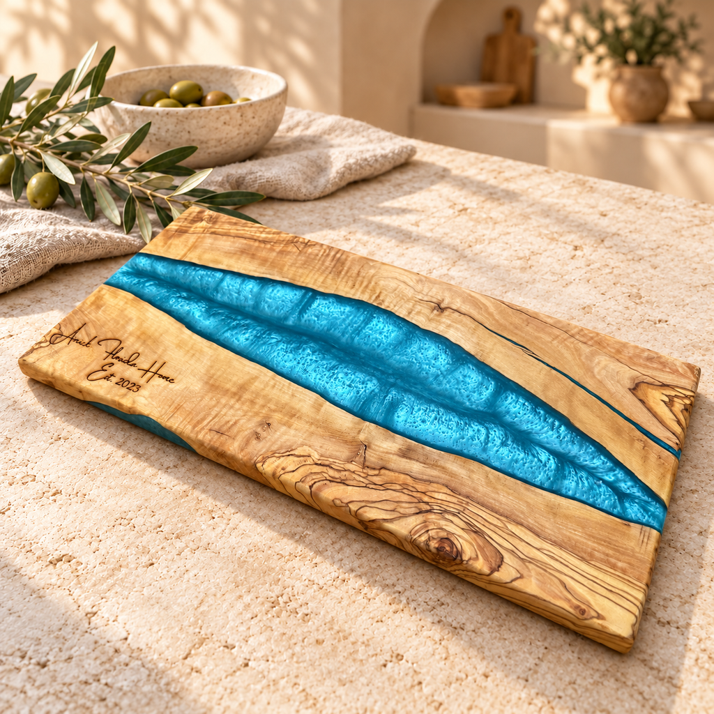 Personalized Azure River Olive Wood Serving Board - styled detail view 7395