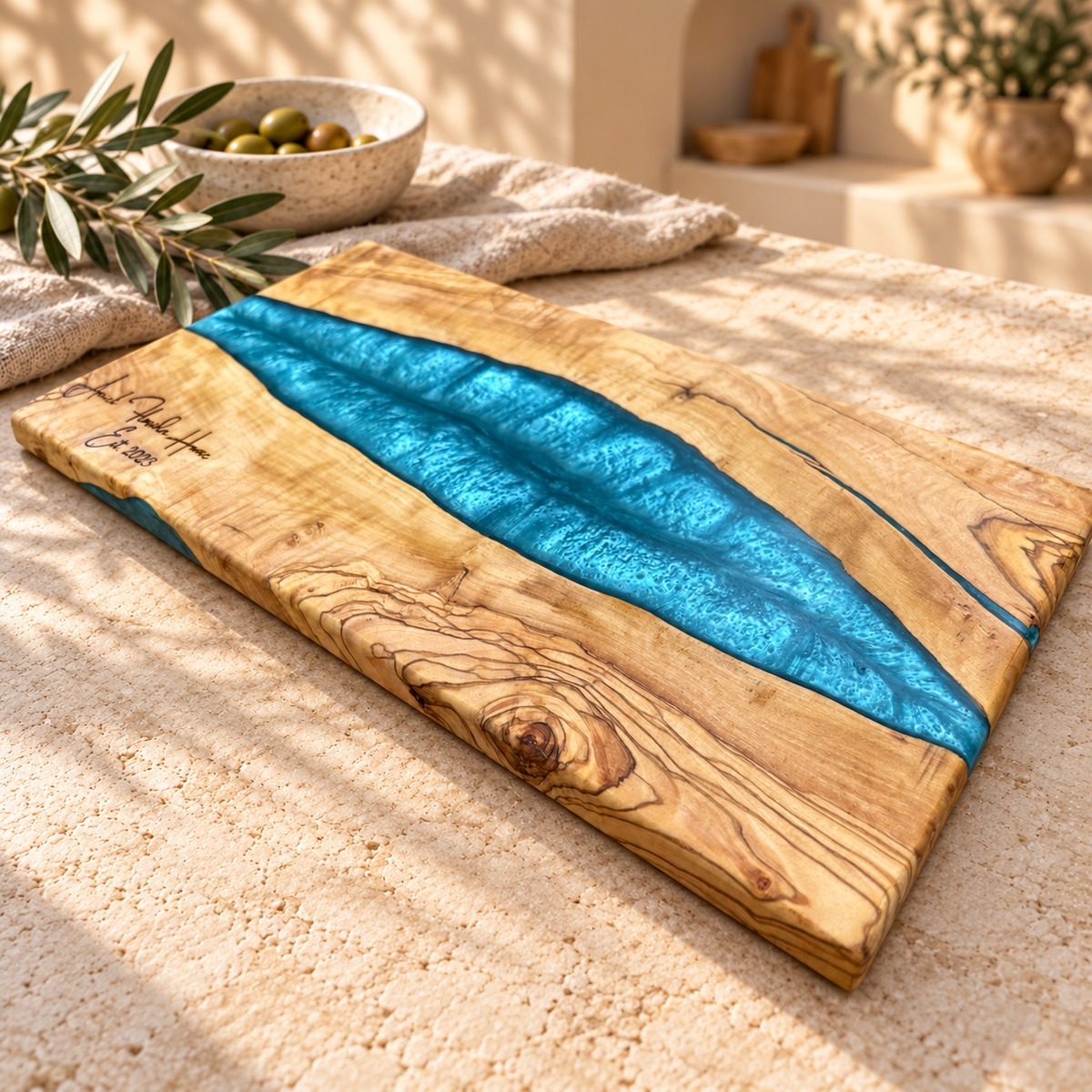 Personalized Azure River Olive Wood Serving Board - styled detail view 7396