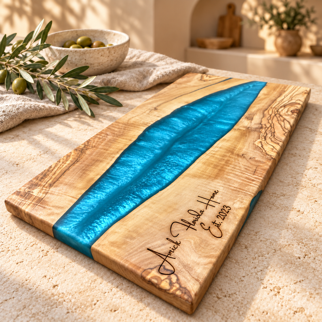 Personalized Azure River Olive Wood Serving Board - styled detail view 7397